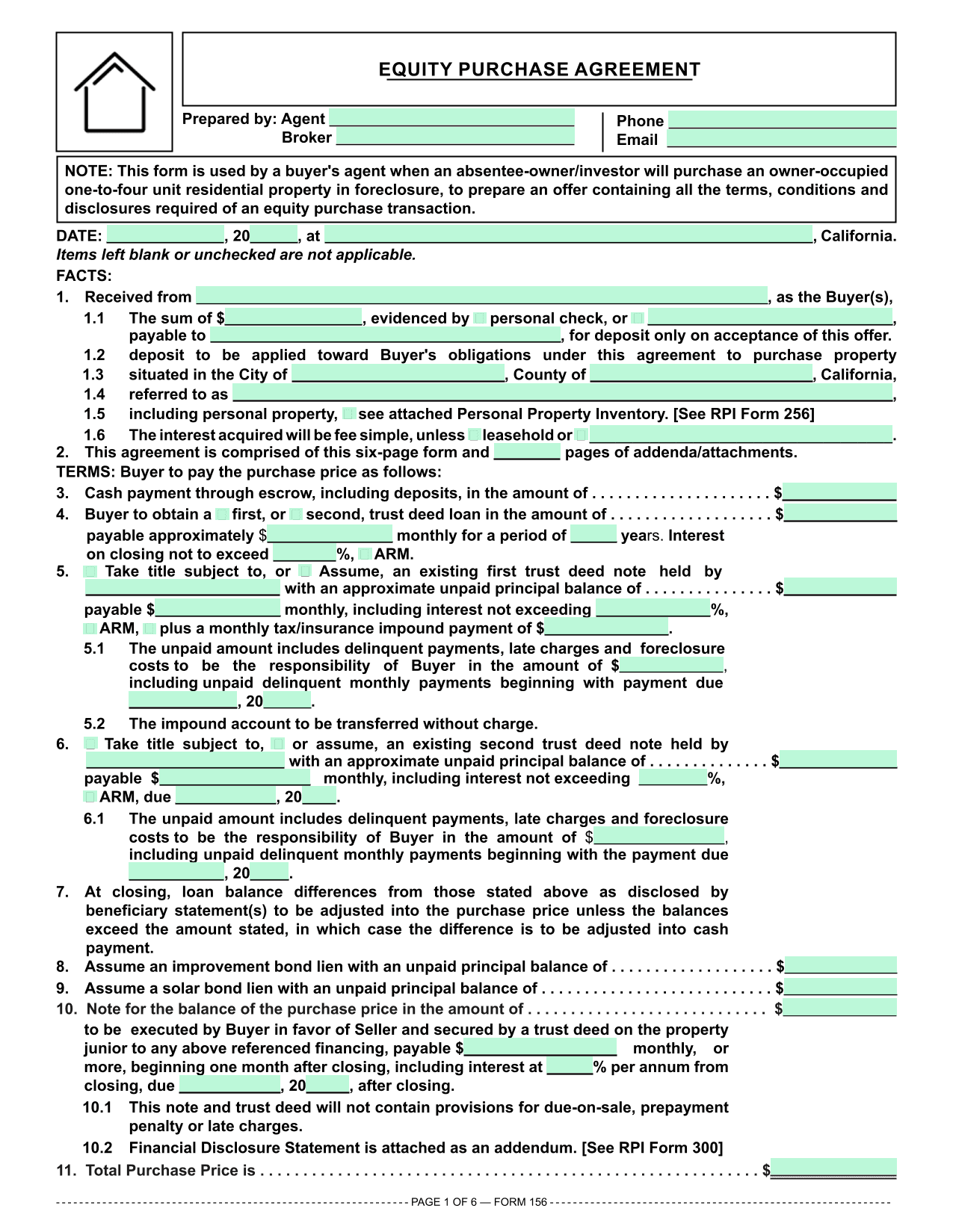 Residential Purchase Agreement (RPI 156) screenshot