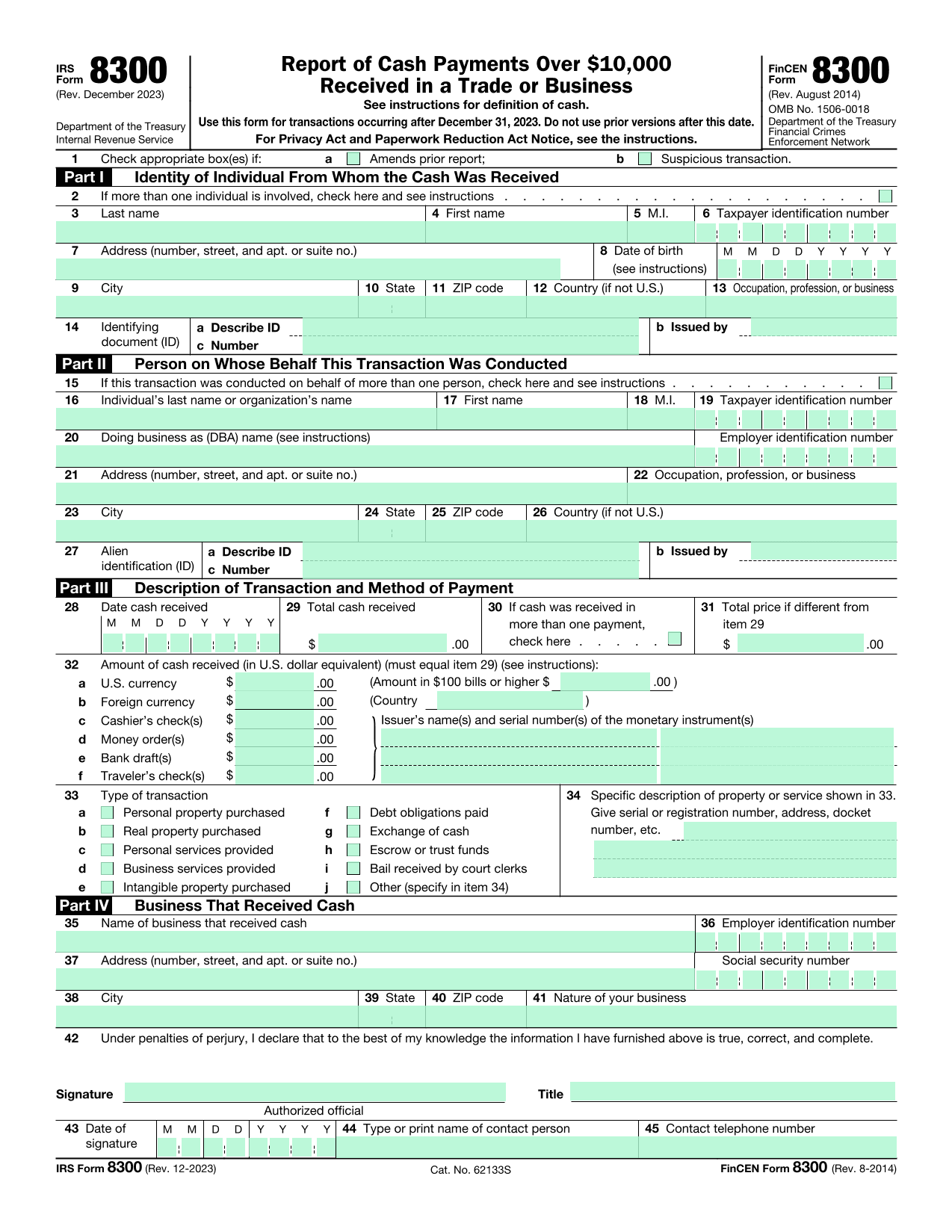 IRS Form 8300 screenshot